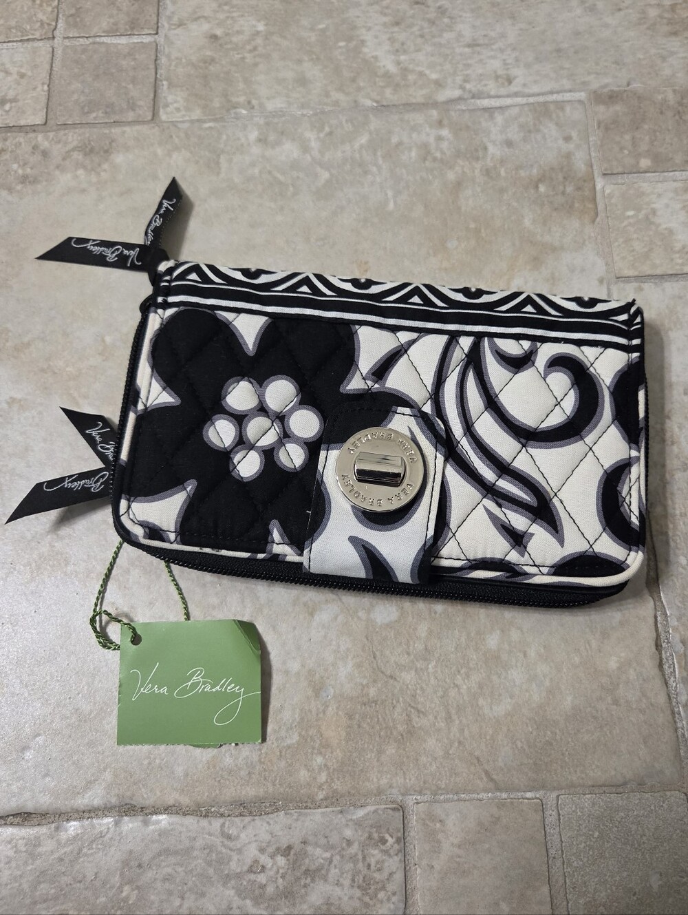 Vera Bradley Night And Day Turn Lock Black & White Quilted Wallet